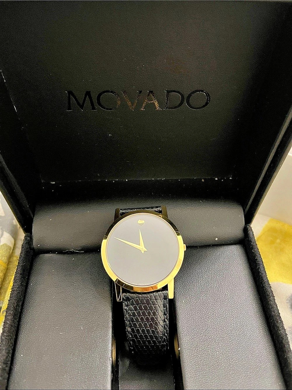 Movado Museum Classic Gold-Tone Black Dial Leather Watch Black Gold-Tone Watch